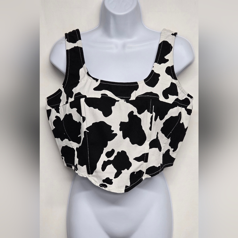 Lone Star L Crop Top 100% Cotton Cow Print Black White Sleeveless Smocked